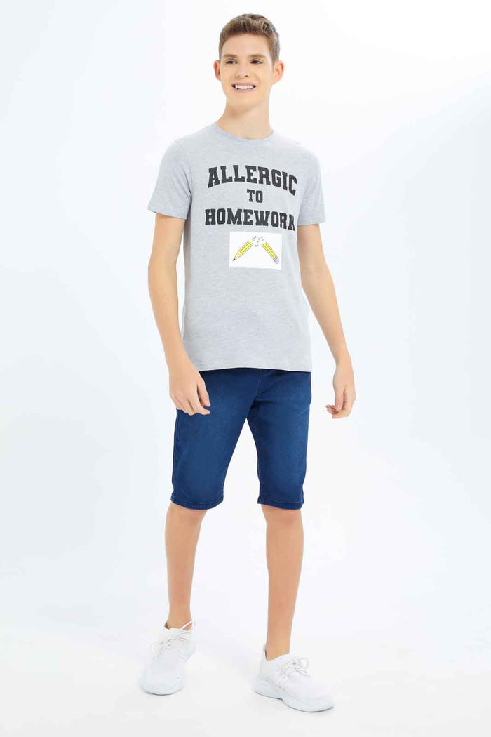 Redtag-Boys-Grey-Allergic-To-Homework-Graphic-Tee-BSR-T-Shirts,-Category:T-Shirts,-Colour:Grey,-Deals:New-In,-Dept:Boys,-Filter:Senior-Boys-(8-to-14-Yrs),-New-In-BSR-APL,-Non-Sale,-S23B,-Section:Boys-(0-to-14Yrs),-TBL-Senior-Boys-9 to 14 Years