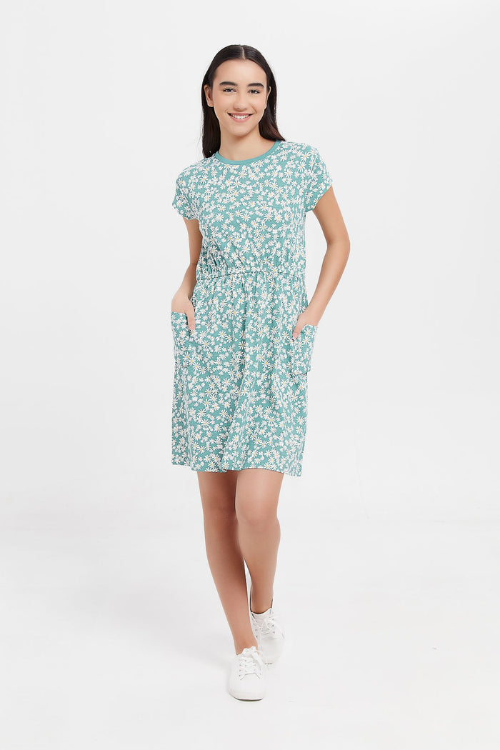 Redtag-Teal-Floral-Knitted--Dress-Category:Dresses,-Colour:Pale-Blue,-Deals:New-In,-Filter:Senior-Girls-(8-to-14-Yrs),-GSR-Dresses,-H1:KWR,-H2:GSR,-H3:DRS,-H4:CAD,-KWRGSRDRSCAD,-New-In-GSR,-Non-Sale,-ProductType:Dresses,-Season:W23A,-Section:Girls-(0-to-14Yrs),-W23A-Senior-Girls-9 to 14 Years