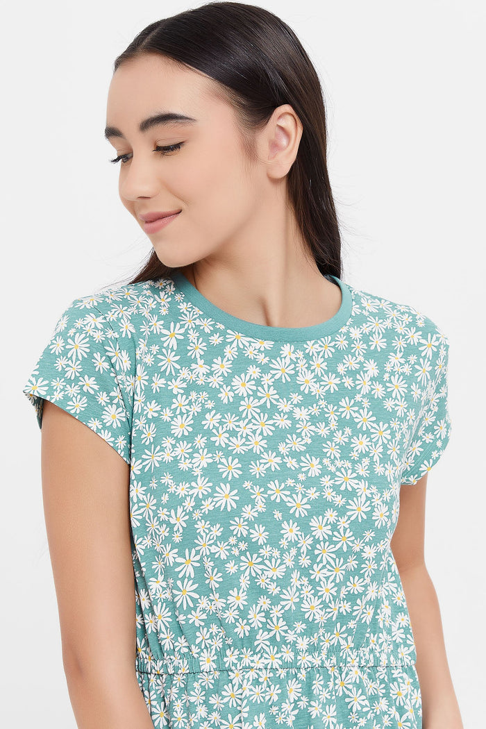 Redtag-Teal-Floral-Knitted--Dress-Category:Dresses,-Colour:Pale-Blue,-Deals:New-In,-Filter:Senior-Girls-(8-to-14-Yrs),-GSR-Dresses,-H1:KWR,-H2:GSR,-H3:DRS,-H4:CAD,-KWRGSRDRSCAD,-New-In-GSR,-Non-Sale,-ProductType:Dresses,-Season:W23A,-Section:Girls-(0-to-14Yrs),-W23A-Senior-Girls-9 to 14 Years