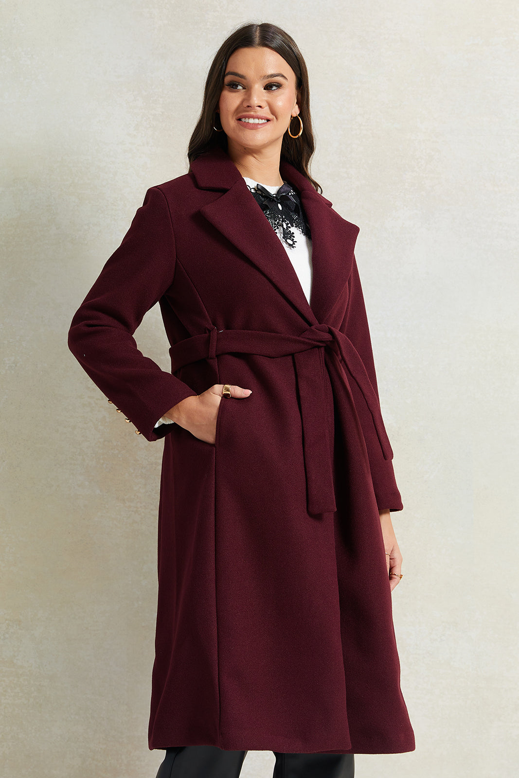 Buy Women Burgundy Long Melton Jacket 129429465 in Bahrain REDTAG BAH